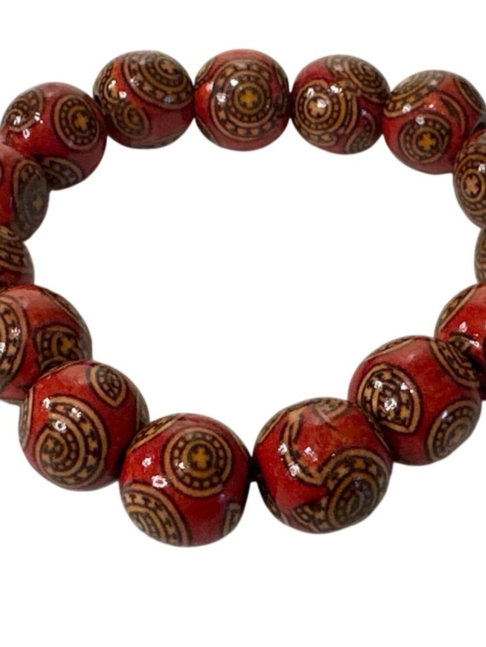 Stretch Bracelet Cherry Red & Brown Patterned Bead Boho Artsy Handmade Chunky